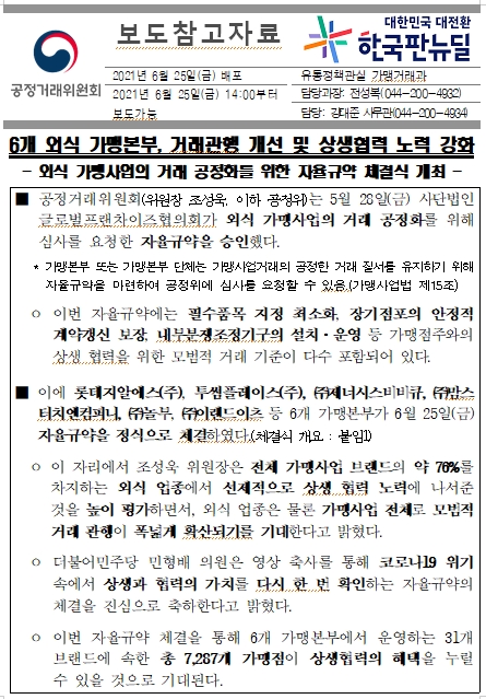 롯데지알에스, 투썸플레이스, 비비큐, 맘스터치, 놀부, 이랜드 6개 가맹본부 자율규약 승인