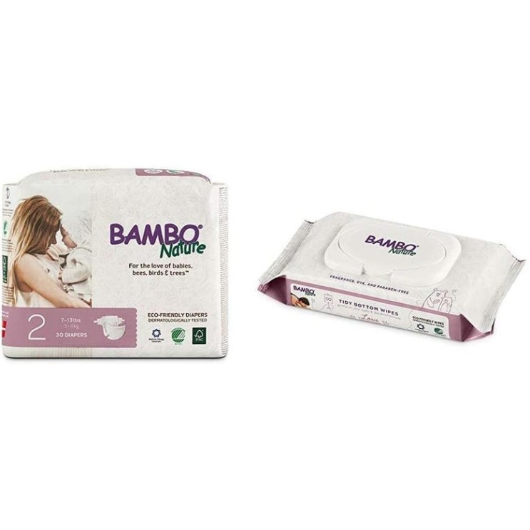 가성비갑 미국직구 Bambo Nature 프리미엄 아기 기저귀 크기 2 (7-13 lbs) 30 개 Bambo Nature 깔끔한 하의 아기 물티슈 50 매, 상세참조, 상세참조