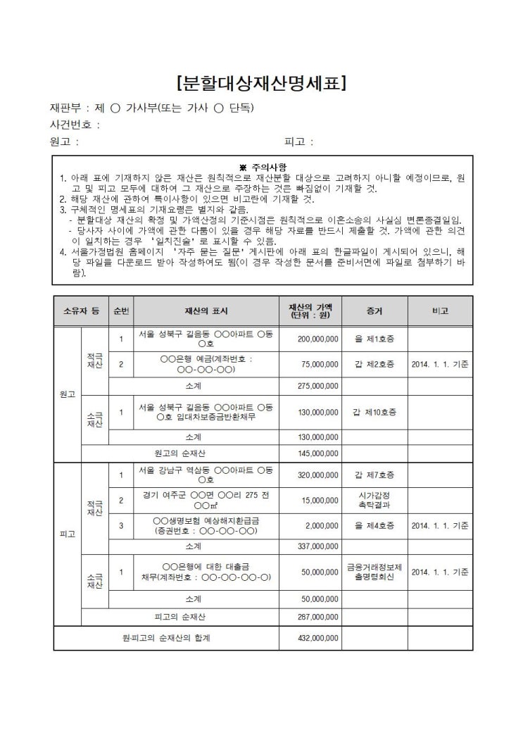  이혼시 재산분할대상 재산 명세표 양식 다운로드 가능 대전세종이혼 대전세종재산분할