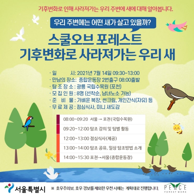  평화의숲 스쿨오브포레스트  :: 기후 변화로 사라져가는 우리 새를 만나러, 광릉으로 떠나요!(당일치기 숲클래스, 무료, 서울시 후원)