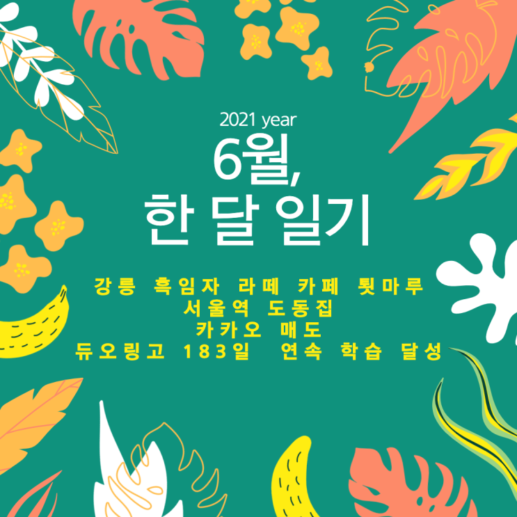 2021년 6월, 한 달 일기(강릉 흑임자 라떼 카페 툇마루 & 서울역 도동집 & 카카오 매도 & 듀오링고 183일 연속 학습 달성)