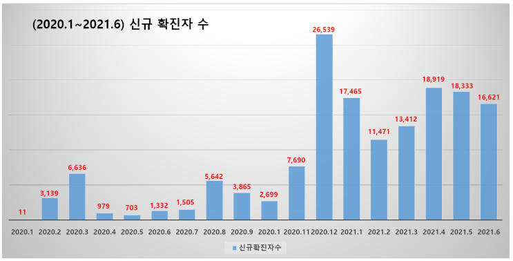  (2020.1~2021.6) 코로나19 월별, 일평균 신규 확진자 수 발생현황 및 백신 접종 완료율, 사회적 거리두기 변동과정