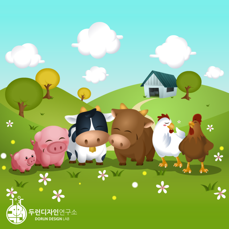 축산농가의 악취를 잡는 제품에 적용된 돼지, 소, 닭들이 함께 있는 축산 농가 일러스트 축산농가의 악취를 잡는 제품에 적용된 돼지, 소, 닭들이 함께 있는 축산 농가 일러스트