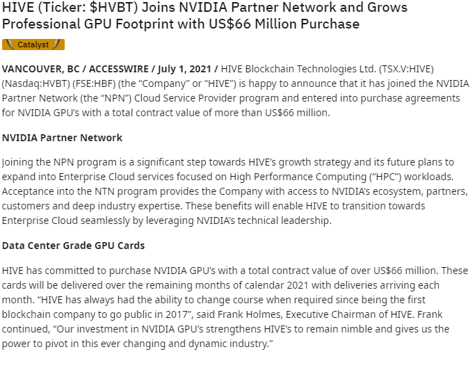HIVE blockchain Technologies Ltd티커 : $ HVBT  NVIDIA 파트너 네트워크에 합류하여 6 천 6 백만 달러 구매로 전문가 용 GPU 공간 확대