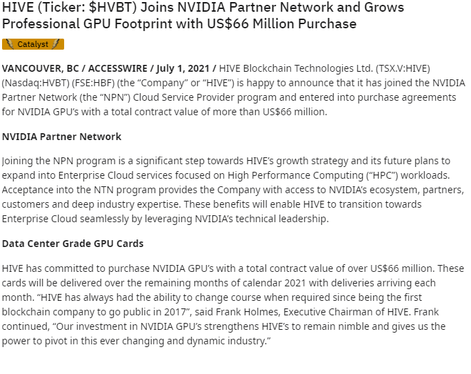  HIVE blockchain Technologies Ltd티커 : $ HVBT  NVIDIA 파트너 네트워크에 합류하여 6 천 6 백만 달러 구매로 전문가 용 GPU 공간 확대