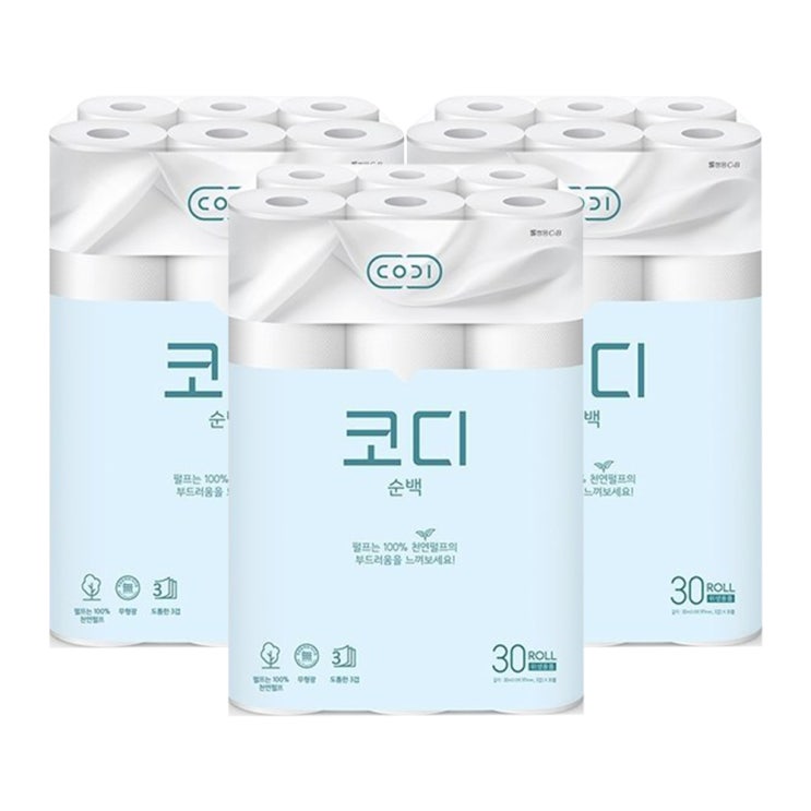가성비 뛰어난 코디 순백 3겹 천연펄프 롤 화장지 30m 30롤, 3팩 ··· 가성비 뛰어난 코디 순백 3겹 천연펄프 롤 화장지 30m 30롤, 3팩 ···