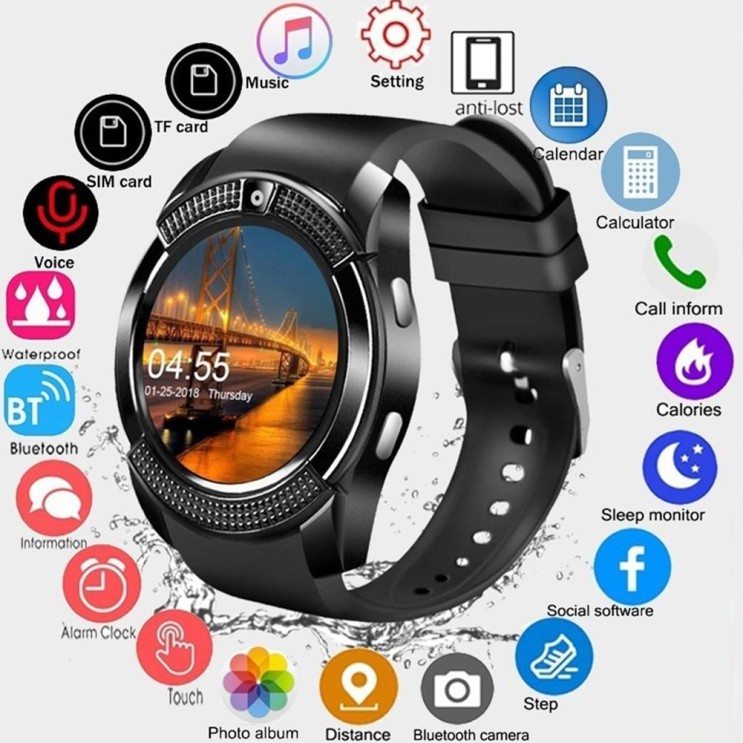 최근 인기있는 [해외]V8 smartwatch 블루투스 스마트 시계 터치 스크린 손목 시계 안 드 로이드에 대 한 카메라 sim 카드 슬롯 방수 스포츠 시계, OneSize, 파란