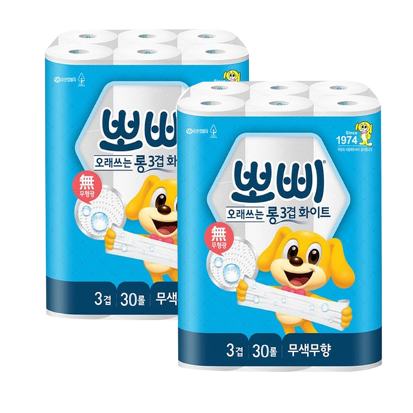 구매평 좋은 뽀삐 도톰한 화이트 3겹 롤화장지 30롤 X 2팩 무료배 추천해요