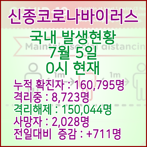  코로나19(코로나바이러스) 7월 5일 0시 국내(해외포함) 발병 160,795명 / 150,044명 완치 격리해제 / 사망자 2,028명