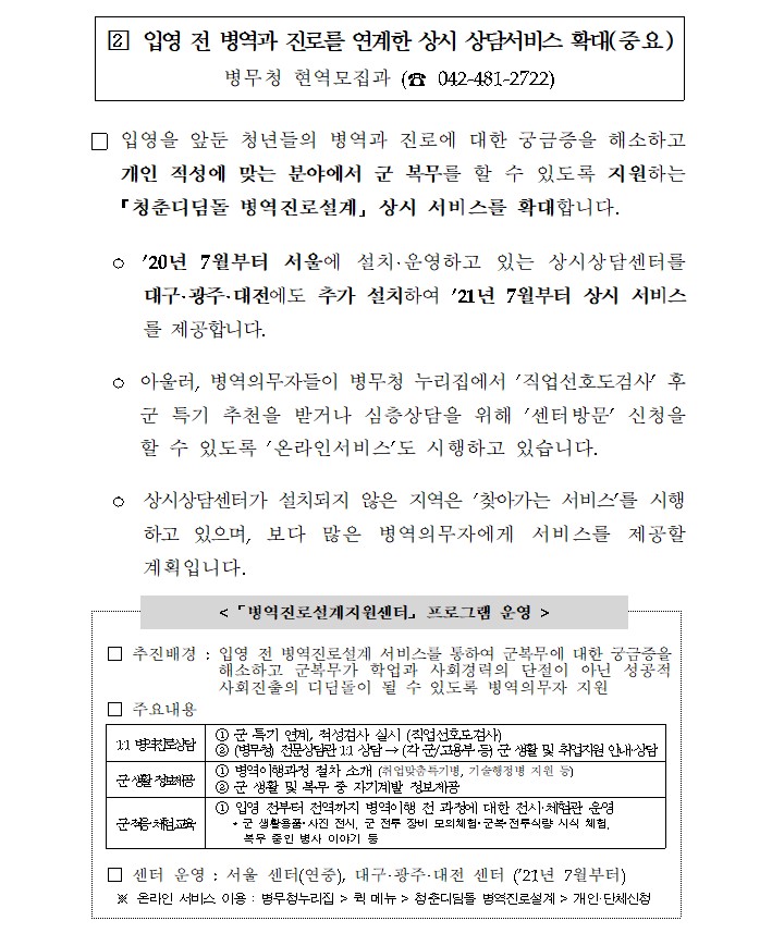 병무청 청춘디딤돌 병역진로설계 상시 상담서비스 확대 서울 대구 광주 대전