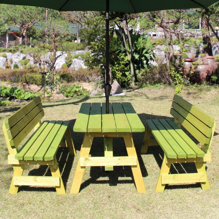 가성비 뛰어난 착한테이블 전문목수 일체형 야외용 탁자 세트 야외평상 파라솔 야외테이블, 4인 등받이 연녹색 ···