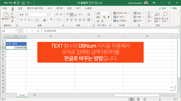  엑셀 | 숫자로 표시되는 금액을 한글로 변환하기(TEXT, DBNum, SUBSTITUTE)