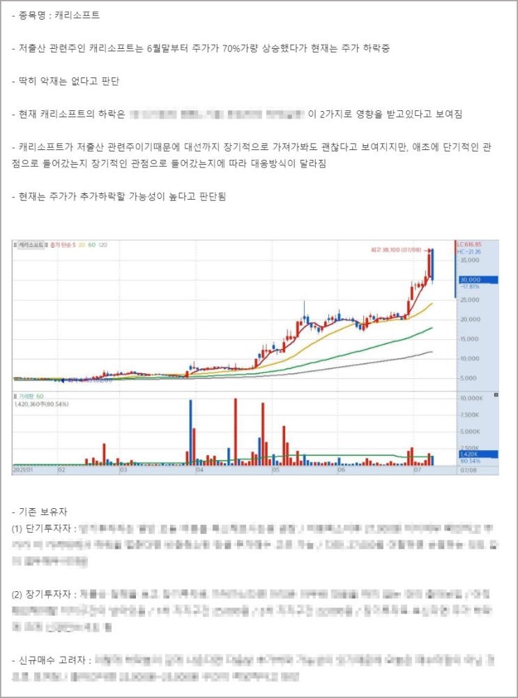  캐리소프트 주가급락! 존버? 추가매수? 손절? 어떻게해야할까