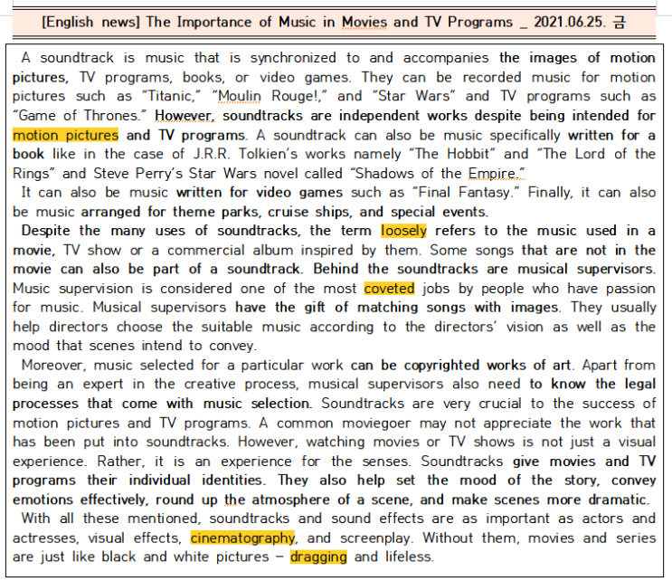  [시사공부] 2021.06.25. 금 / The Importance of Music in Movies and TV Programs