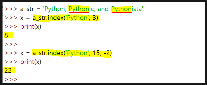 파이썬 str.index() - 문자열 내 지정 문자(들)가 위치한 인덱스를 반환하는 메소드