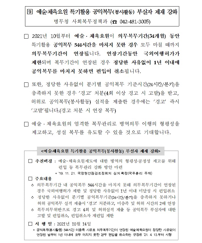  예술체육요원 특기활용 공익복무 봉사활동 부실자 제재 강화 544시간