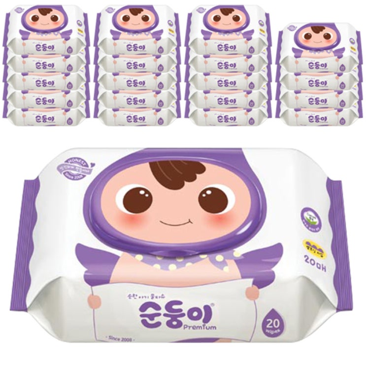 가성비갑 순둥이 프리미엄 엠보싱 유아 물티슈 캡형, 20매, 20팩 ···