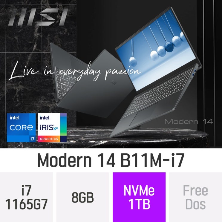 선호도 좋은 MSI 11세대 가성비 노트북 모던14 B11M-i7 카본그레이, 8GB, SSD 1TB, 미포함 ···