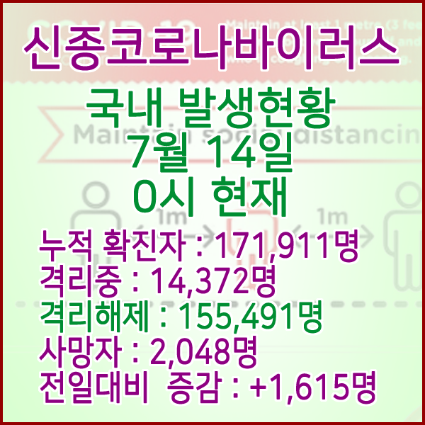  코로나19(코로나바이러스) 7월 14일 0시 국내(해외포함) 발병 171,911명 / 155,491명 완치 격리해제 / 사망자 2,048명