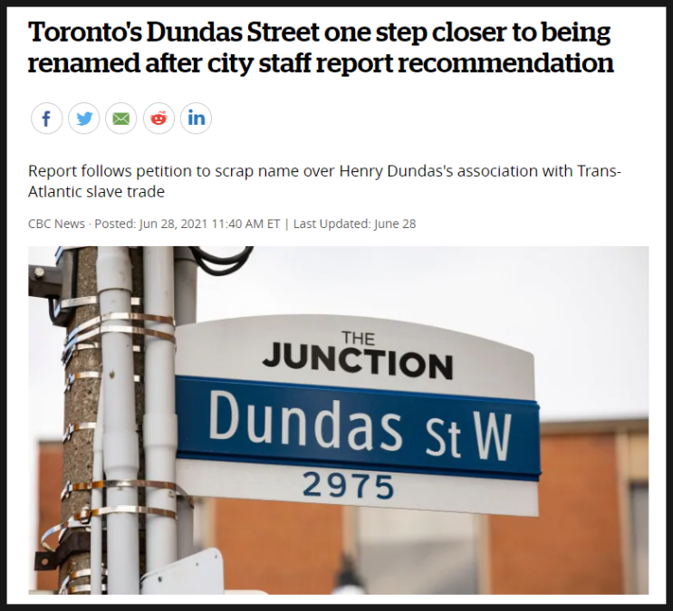 토론토 일상, 캐나다 인종차별 이슈, 토론토 던다스 스트리트 이름 변경 되려나