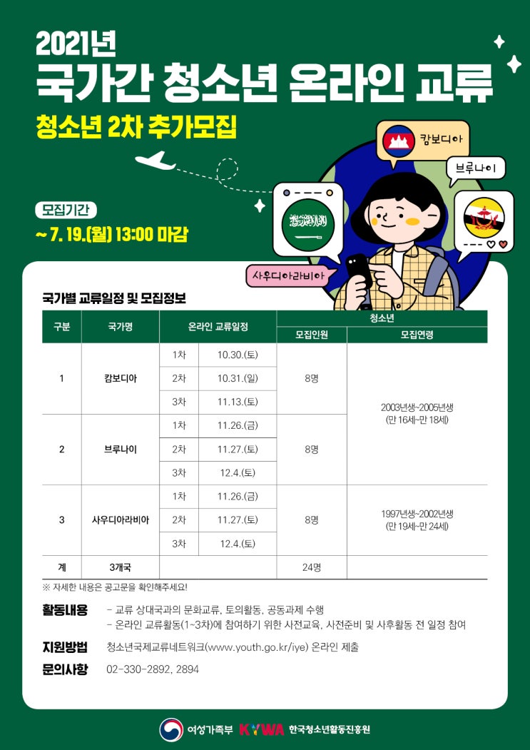 [청소년 대외활동] 한국청소년활동진흥원 - 2021 국가간 청소년 온라인 교류 청소년 2차 추가모집