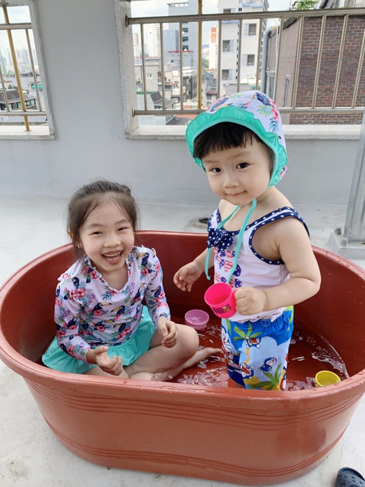  고무대야 홈풀장 개장, 집에서 물놀이 했어요