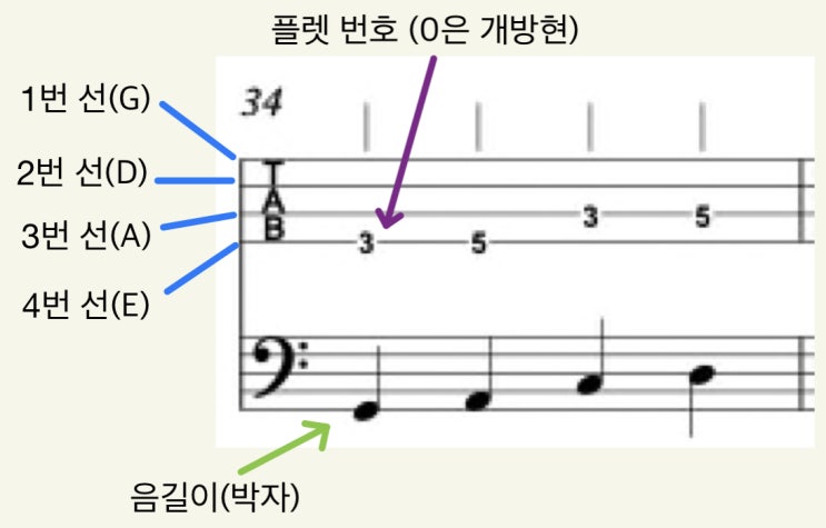  베이스 기타 타브 악보 보는 방법