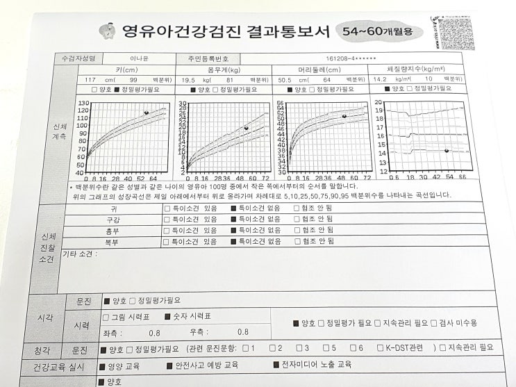 영유아건강검진 7차 시기 및 결과표, 키 99백분위 상위1%