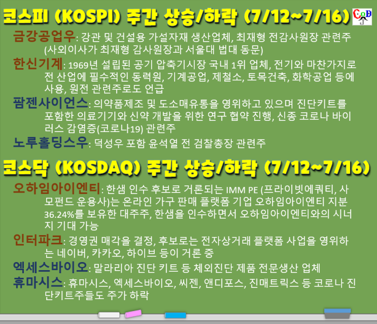  코스피/코스닥 주간 주가 상승/하락 탑20 (금강공업우, 한신기계, 팜젠사이언스, 노루홀딩스우, 오하임아이엔티, 인터파크, 엑세스바이오, 휴마시스, 7/12~7/16, W28)