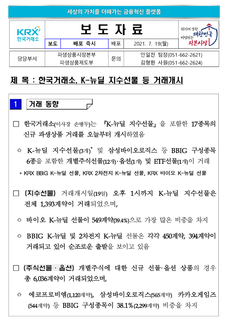 K-뉴딜 지수선물 등 거래개시┃ 2021. 7. 19.┃ 한국거래소 : 네이버 블로그
