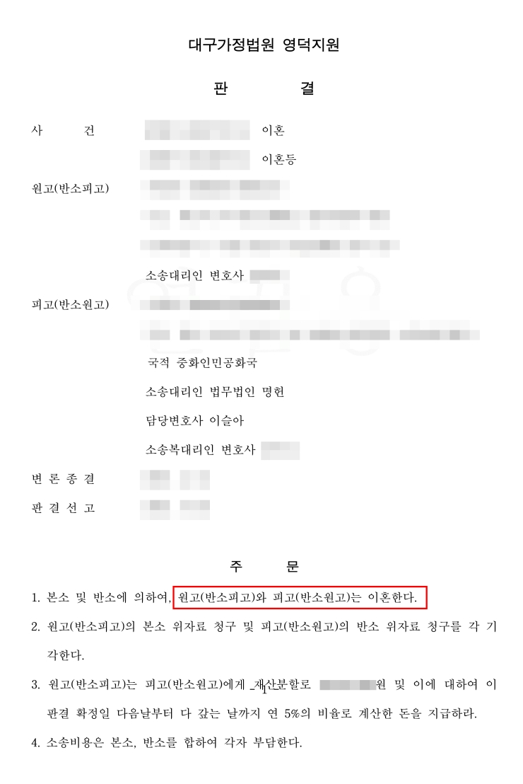  영덕국제결혼이혼변호사 소송으로 재산분할 확정 사례
