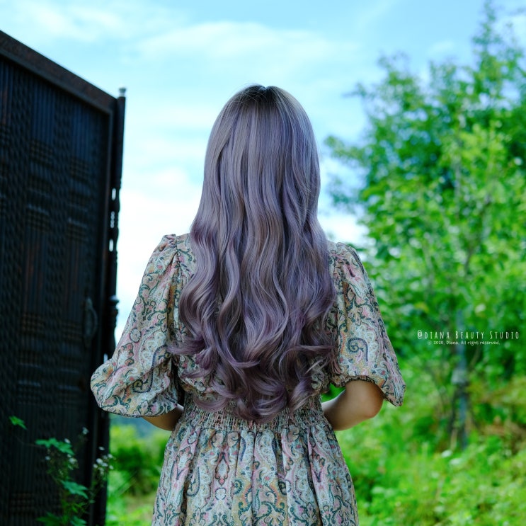 솜브레 옴브레 발레아쥬 염색 디자인의 애쉬바이올렛 긴머리헤어스타일 패션 가발