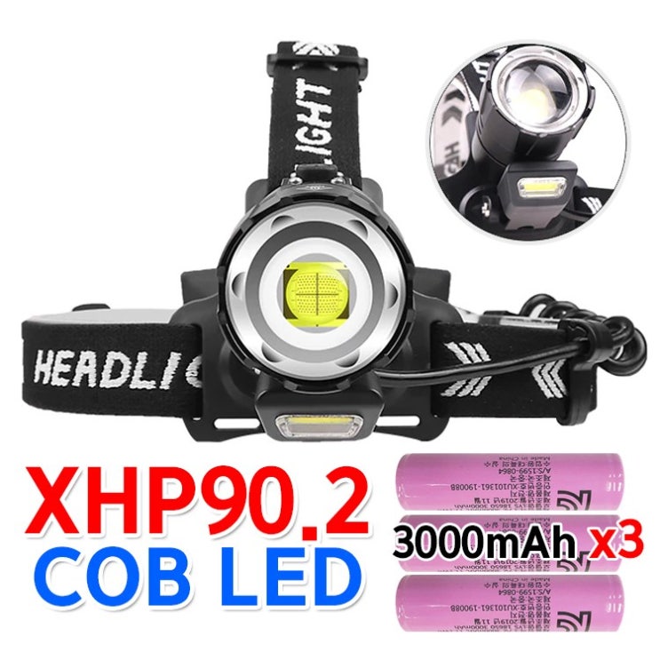 선호도 좋은 XHP90.2 헤드랜턴 12000루멘 LED 써치라이트 낚시 해루질 캠핑 18650배터리, XHP90.2 헤드랜턴_18650배터리3개포함 추천해요