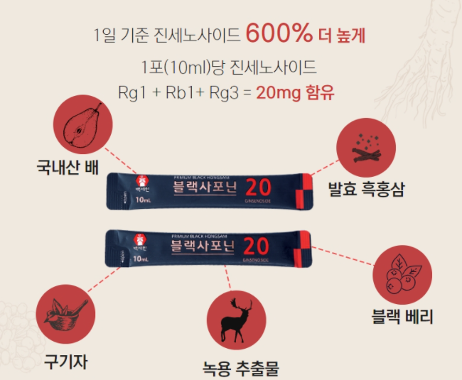  백세인 홍삼스틱 블랙사포닌_건강한 맛, 영양가, 함량, 흡수율 등이 확실히 다릅니다.