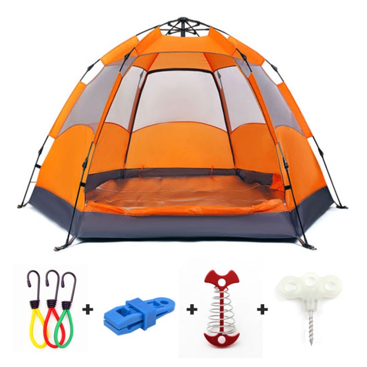 최근 인기있는 원터치 돔형 텐트 캠핑 육각 대형 5~6인용 +방수플라이 구성품 4피스식, 오렌지(5~6인) 좋아요