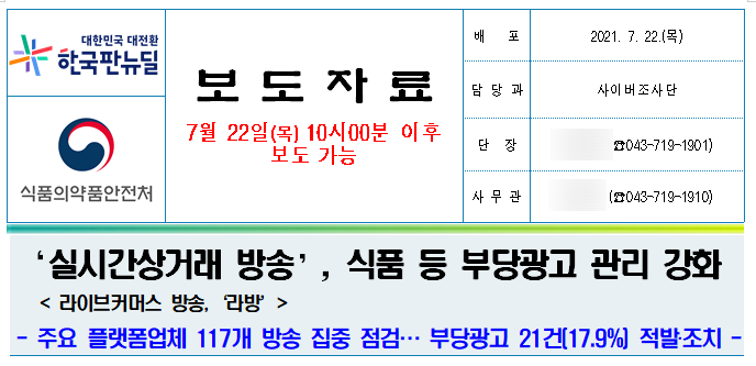 [식품의약품안전처] ‘실시간상거래 방송’, 식품 등 부당광고 관리 강화(라이브커머스 방송, 플랫폼업체 117개 방송 집중 점검… 부당광고 21건(17.9%) 적발‧조치)