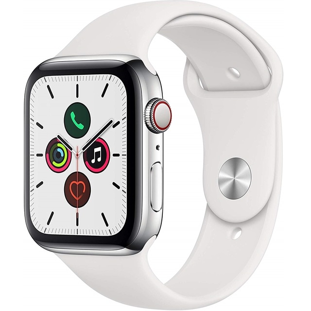핵가성비 좋은 애플 Apple Watch Series 5 (GPS + Cellular) 44mm Stainless Steel Case with White Sport Band - ( 핵가성비 좋은 애플 Apple Watch Series 5 (GPS + Cellular) 44mm Stainless Steel Case with White Sport Band - (