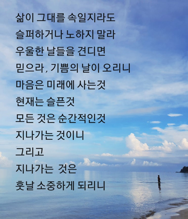 삶이 그대를 속일지라도 슬퍼하거나 노하지 말라 ..  코로나시국 요즘 생각나는  시의 한구절