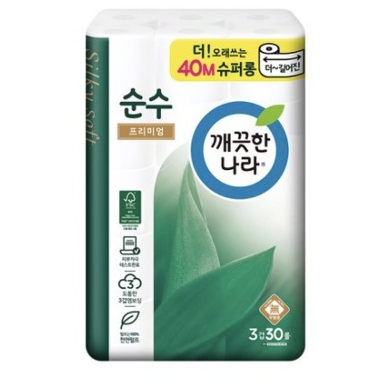 가성비 뛰어난 깨끗한나라 3겹 천연펄프 순수 프리미엄 슈퍼롱 롤화장지 40m, 30롤, 2팩 추천해요