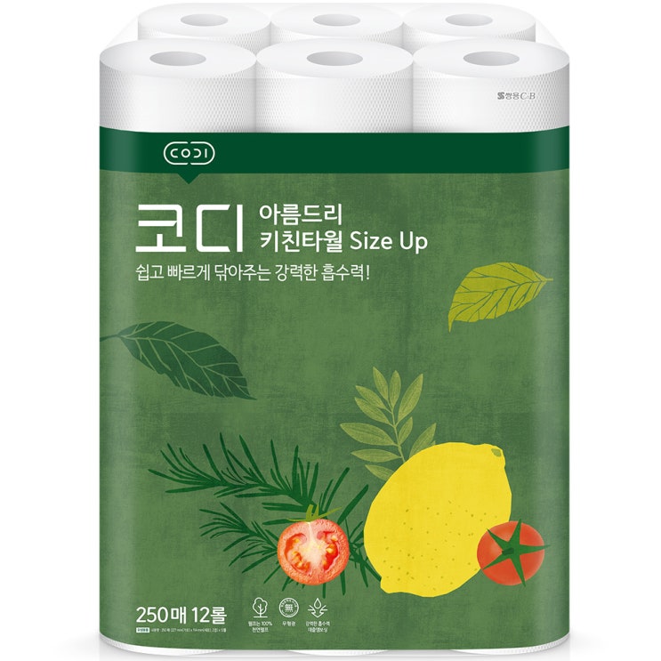 핵가성비 좋은 코디 아름드리 Size Up 키친타올 250매, 12롤, 1팩 ··· 핵가성비 좋은 코디 아름드리 Size Up 키친타올 250매, 12롤, 1팩 ···