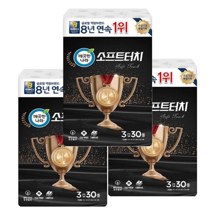 구매평 좋은 깨끗한나라 소프트터치 3겹 천연펄프 화장지 25m 30롤 롤화장지, 3팩 좋아요 구매평 좋은 깨끗한나라 소프트터치 3겹 천연펄프 화장지 25m 30롤 롤화장지, 3팩 좋아요
