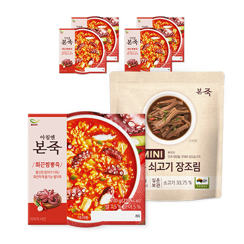 핵가성비 좋은 [본죽] 아침엔본죽 화끈짬뽕죽 270g 5팩+MINI 장조림 70g 1팩, 5팩+1팩 ···