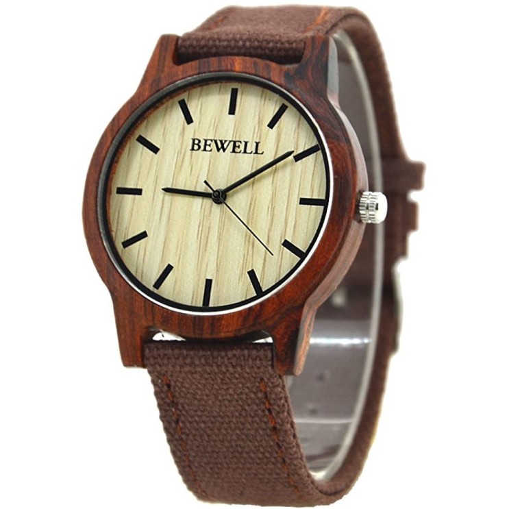 선호도 좋은 Brand: BEWELL 캔버스 밴드 경량 남자 쿼츠 손목 시계 졸업 선물로 Bewell 학생 나무 시계 추천해요