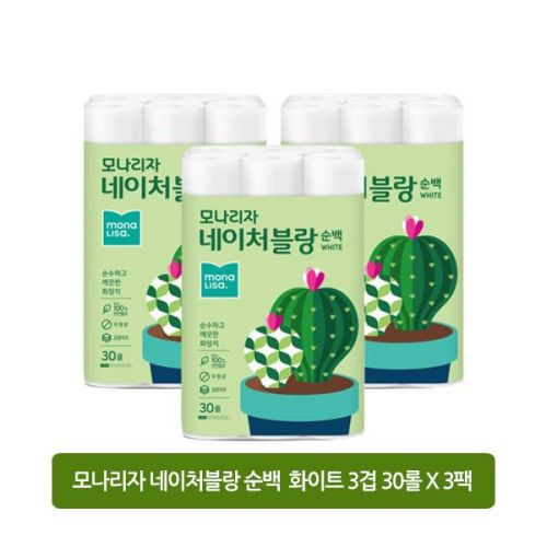 선호도 높은 모나리자 네이처블랑 순백 3겹 30M 30롤 X 3팩 화장지, 단품, 단품 추천해요