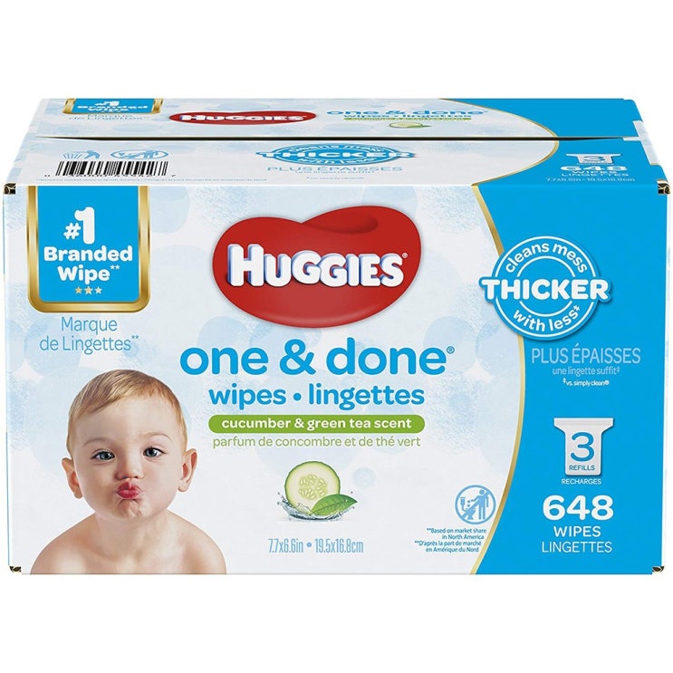 인기있는 HUGGIES One & Done 하기스 아기 물티슈 오이 그린티 향 3리필팩 648개입 좋아요