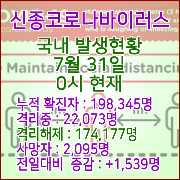  코로나19(코로나바이러스) 7월 31일 0시 국내(해외포함) 발병 198,345명 / 174,177명 완치 격리해제 / 사망자 2,095명