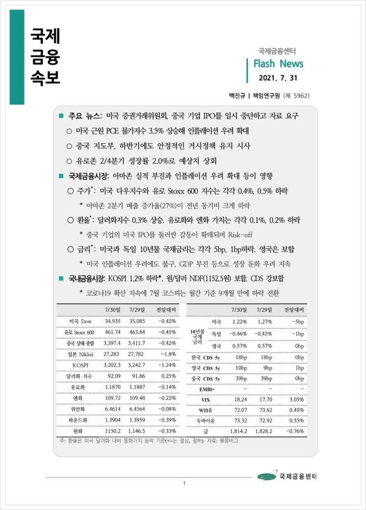  [7.31] 미국의 중국 IPO 제한 규제, 미국 인플레이션 우려 확대 등, 국제금융속보
