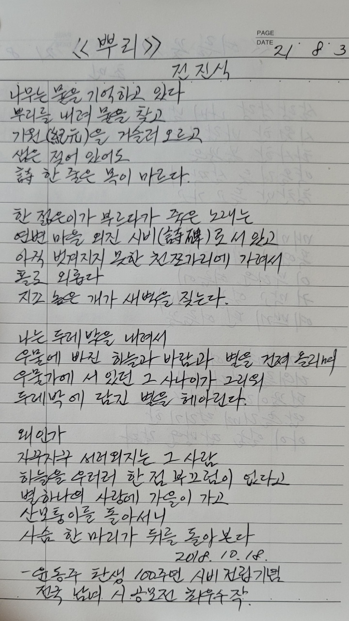  뿌리_우물에 빠진 하늘과 바람과 별을 건져 올리며.. - 윤동주 탄생 100주년 시비 건립기념 최우수작