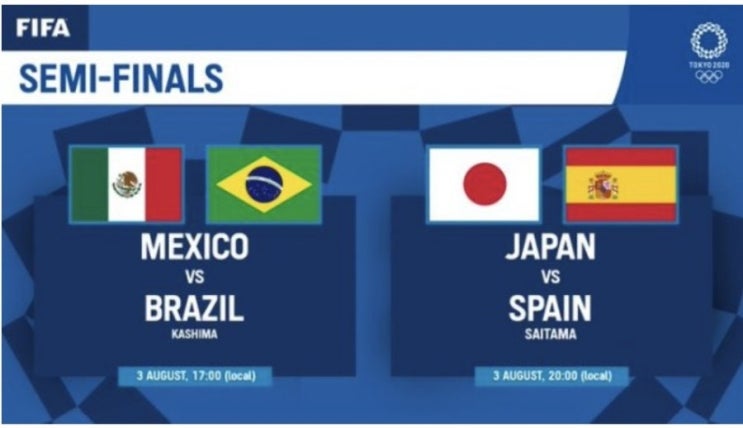 2020 Tokyo 도쿄올림픽 남자축구 4강전 준결승 멕시코 vs 브라질 일본 vs 스페인 2020 Tokyo 도쿄올림픽 남자축구 4강전 준결승 멕시코 vs 브라질 일본 vs 스페인