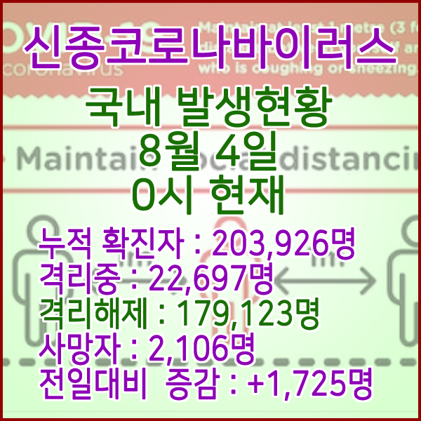  코로나19(코로나바이러스) 8월 04일 0시 국내(해외포함) 발병 203,926명 / 179,123명 완치 격리해제 / 사망자 2,106명